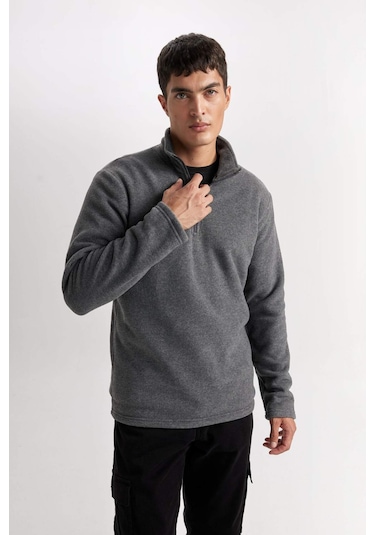 DeFacto Antrasit Tüylenme Yapmayan Soğuk Geçirmez Regular Fit Dik Yaka Fermuarlı Polar Sweatshirt Y3996AZNSAR198