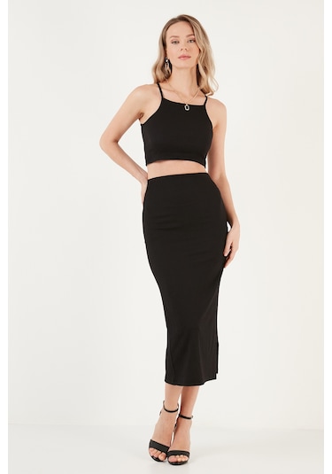 Lela Slim Fit Ip Askılı Yırtmaçlı Bayan Takım 5865278 Siyah Lela Slim Fit Ip Askılı Yırtmaçlı Bayan Takım 5865278 Siyah
