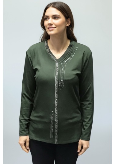 Kadın Önü Kapalı Düğme Detaylı Taşlı Nergis Mevsimlik Bluz Haki