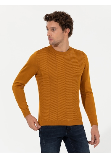 Cacharel Sarı Slim Fit Pamuk Karışımlı Bisiklet Yaka Triko Kazak