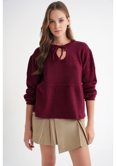 6950 Kadın Yakası Bağcıklı Pileli Triko Kazak Bordo Bordo