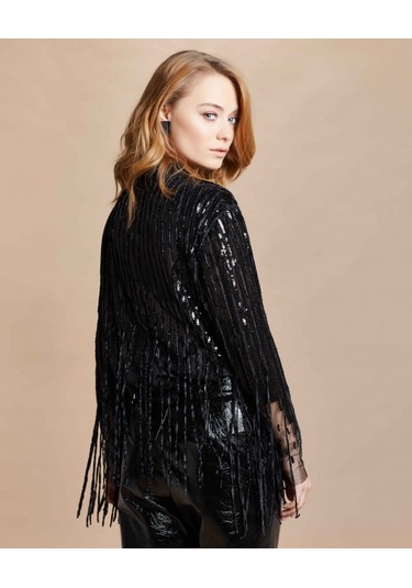 Sequin Detaylı Şık Bluz Zarif Taş Ve Püskül Detaylarıyla Modern Tasarım Siyah