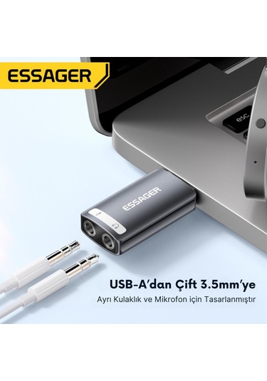 Essager Usb To 3.5mm Jack Çevirici Dönüştürücü Usbden Kulaklık Mikrofon Giriş Dönüştürücü Ses Dönüştürücü