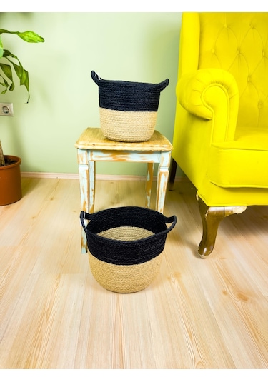 Bitki Tasarımı Düzenleyici Kulplu Üstü Siyah Şeritli Doğal Örgü Sepet İkili Set Orta-küçük