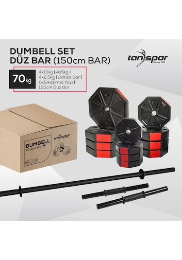 Tan Spor 70 KG Dambıl Halter Ağırlık Fitness Düz Bar Seti Kırmızı Kapaklı 150 CM