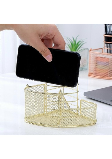 Ganzhoushop Zarif Gül Altın Örgü Kalemlik Üçgen Şekilli Metal Kırtasiye Saklama Tutucu 3 Bölmeli Ofis Ev Okul Gül Altınaltın