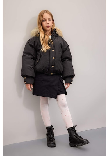 DeFacto Kız Çocuk Kapüşonlu Çıtçıt Kapamalı Fermuarlı Cepli Mont C5488A824WNBK27 Siyah