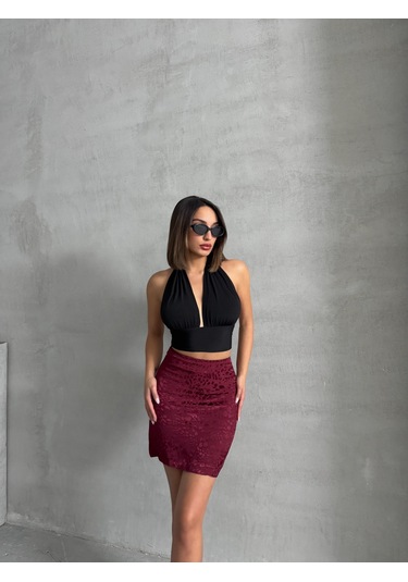 Kadın Desenli Saten Etek Bordo