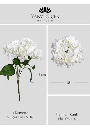 Beyaz Yapay Ortanca Çiçeği 5 Dallı Premium Canlı Islak Dokulu 42 Cm