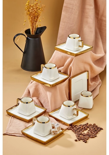 Carmen 6 Kişilik Porselen Gold Detaylı Kahve Fincan Takımı