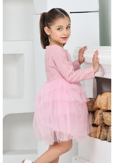 Kız Çocuk Çift Kat Tüllü Ve Fiyonklu Elbise 12172 Pembe