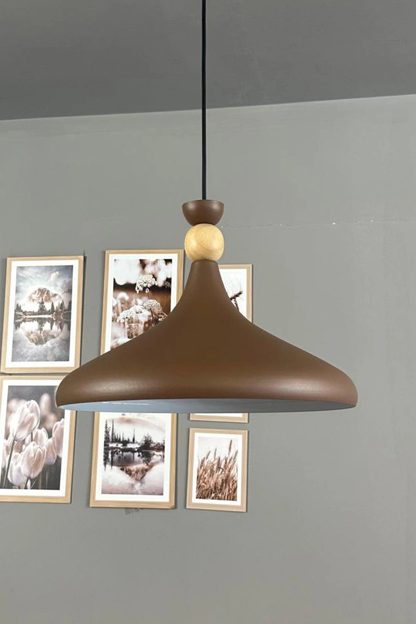 Sütlü Kahve Ahşap Şapka Tekli Avize Sarkıt Salon Mutfak Cafe Butik Lamba Aydınlatma Avizeler Sütlü Kahve