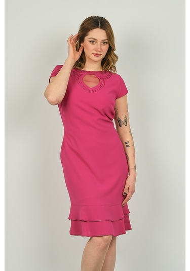 Vals Kadın Bisiklet Yaka Pencere Detaylı Etek Ucu Fırfırlı Araboy Abiye Elbise 23-117 Fuşya