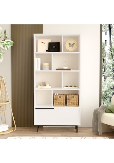 Robin Home Lidya Kitaplık Raf Metal Ayaklı 176cm Kapaklı Beyaz