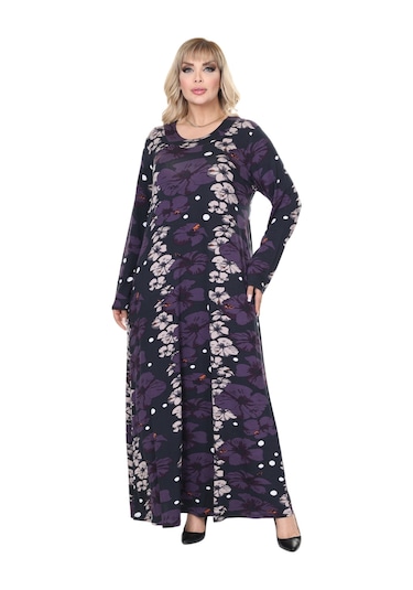 Melsay Butik Mor Gelincik Desen Uzun Kollu Kadın Tesettür Elbise Mor