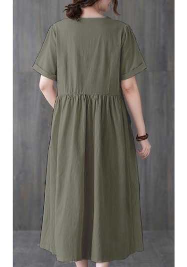 Barbora Keten Günlük Rahat V Yaka Beli Büzgü Detaylı Düğmeli Elbise Ln04haki3 001