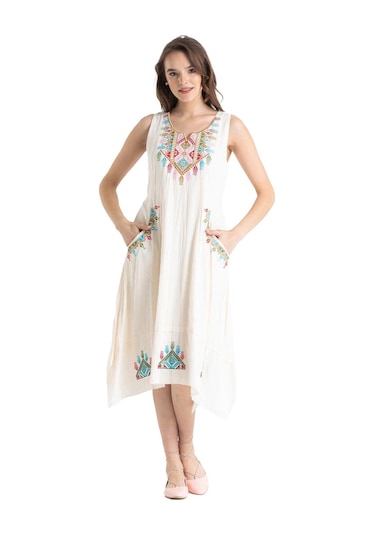 Kolsuz Şile Bezi Antik Nakışlı Midi Boy Elbise Krem Krm-krem