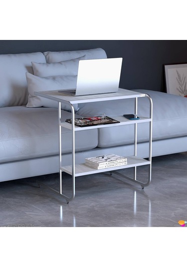 Modilayn C Yan Sehpa Geniş Boy Tekerlekli Çalışma, Atıştırmalık, Yemek, Laptop Sehpası Beyaz Çizgili Beyaz