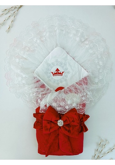 Dantelli Taçlı Bebek Kundağı Unisex Bebek Dış Kundak Battaniyesi Hastane Çıkışı Mevlütlük Kundak Bordo