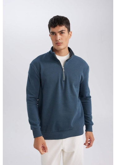DeFacto Comfort Regular Fit Rahat Kalıp Fermuarlı Dik Yaka Basic Düz Sweatshirt X7405AZ24AUBE700