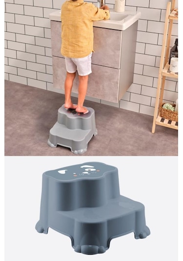 Flosoft Kaydırmaz Çocuk Taburesi Çift Basamaklı, Çocuk Banyo Lavabo Basamak Merdiven Yükseltici Mavi