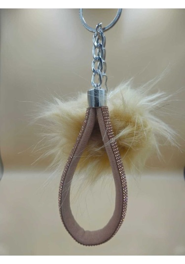 Camel Taşlı Tilki Tüyü Bej Angel Anahtarlık