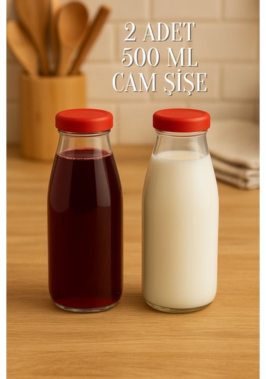 2 Adet Plastik Kapaklı 500 Ml Sürahi Süt, Ayran, Su, Limonata Meşrubat Şişesi Cam Şişe 500cc
