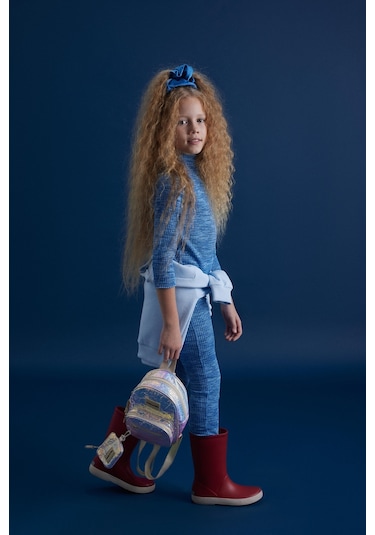 Luess Kız Çocuk Fitilli Esnek Kumaş Balıkcı Yaka Bluz Tayt Takım-Mavi