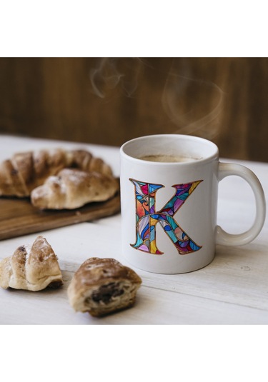 K Harfi Bardak 330 Ml İsme/harfe Özel Hediye, Renkli Harf Tasarım Beyaz