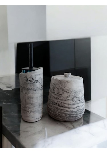 4 Parça Antrasit Beton Banyo Wc Seti Tuvalet Fırçası Çöp Kovası 4 Litre Antrasit