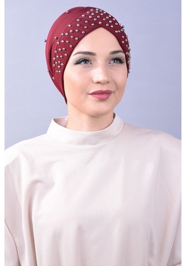 Kadın Tesettür İncili Taşlı Havuz Dış Bone Kırmızı Kırmızı