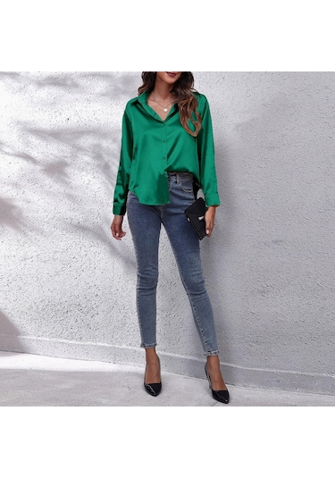 Kadınlar Katı Saten Gömlek Uzun Kollu Düğmeler Casual Gömlek, Renk Siyah