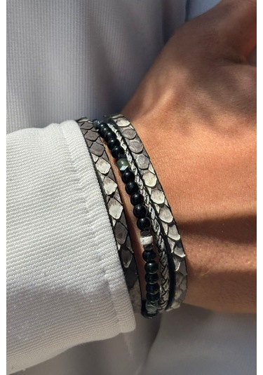 Yılan Derisi Desenli El İşçiliği İle Üretilmiş Hakiki Deri Erkek Bileklik Siyah - Beyaz