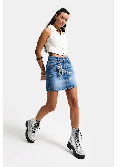 Itsbasic Kadın Mavi T-4s6-4 Straight Mini Parlak Yıldız Taşlı Özel Tasarım Denim Etek