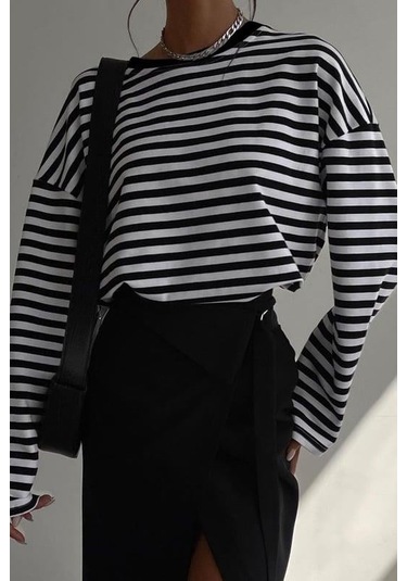 Siyah Çizgili Sweatshirt Mg2572 Siyah