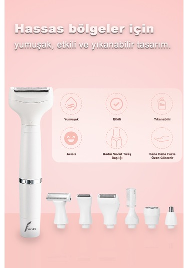 Kadın Tıraş Makinesi, 7' İn 1 Usb Şarj Edilebilir, Yıkanabilir, K