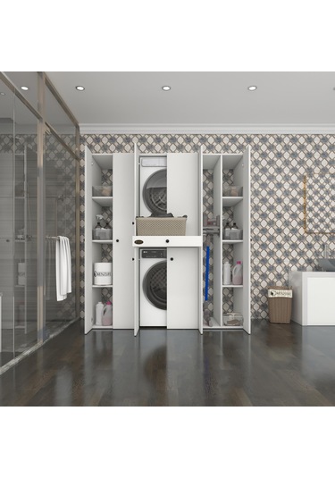 Kenzlife Çamaşır-Kurutma Makinesi Dolabı Nazzam Byz 187 170 60 Çekmeceli Raflı % 100 Full Mdf Çok Renkli