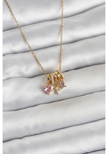 316l Çelik Gold Pembe Zirkon Taşlı Charmlı Kadın Kolye Çok Renkli