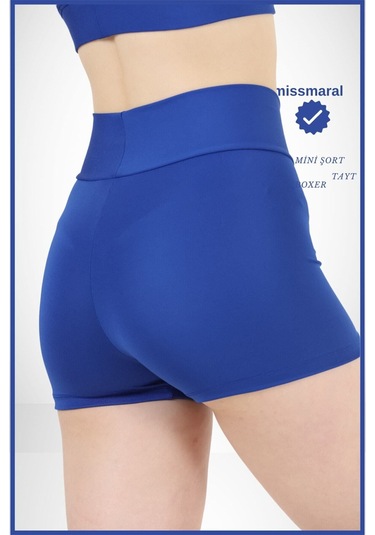 Kadın Mavi Yüksek Bel Toparlayıcı İç Göstermeyen Boxer Şort Deniz, Havuz & Günlük Kullanım İçin Saks Mavi