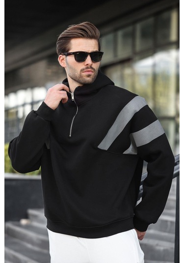 Madmext Siyah Fermuarlı Yaka Kapüşonlu Erkek Sweatshirt E7161 Siyah