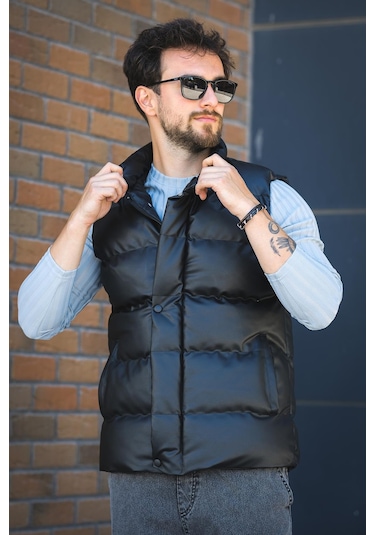 Oxfo Suya Dayanıklı Cepli Dik Yaka Erkek Şişme Deri Yelek Siyah