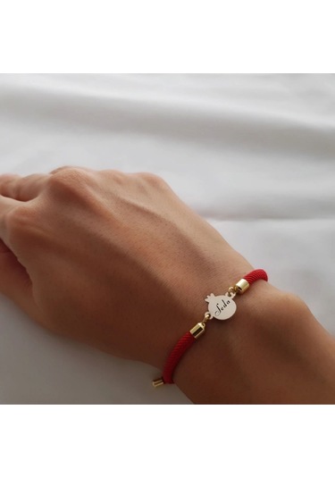 Seda İsmine Özel İpek Örgülü 14 Ayar Altın Plakalı Nar Motifli Hediye Bileklik-323isim-kırmızı Altın