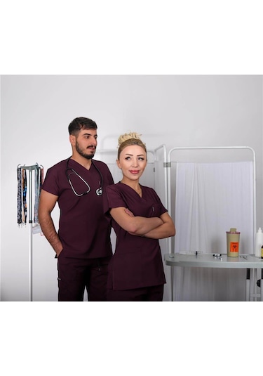 Likralı Cerrahi Forma Unisex Hemşire Doktor Sağlıkçı Forması Scrubs Üniforma Mürdüm