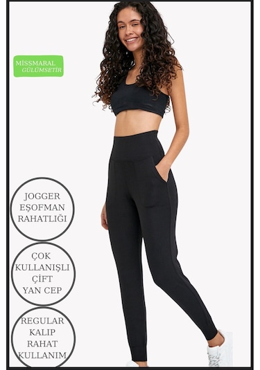 Kadın Eşofman Alt Siyah Curve Jogger Dalgıç Kumaş Yüksek Bel Çift Cepli Joggers 1061 Siyah