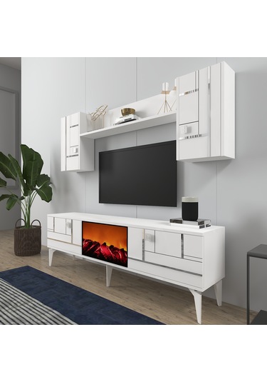 Maddera Şömineli Tv Ünitesi Takımı Beyaz-gümüş