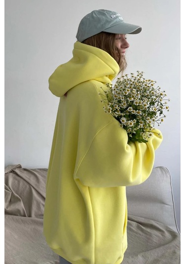 Madmext Sarı Kapüşonlu Şardonlu Oversize Sweatshirt Mg1566 Sarı