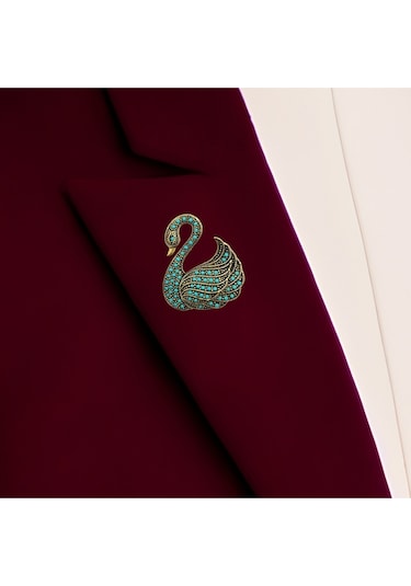 İnci Kuğu Motif Broş Turkuaz