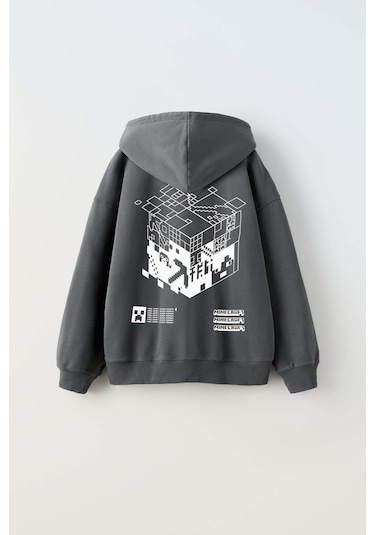 Erkek Çocuk Mınecraft Modelli Pamuk Kapşonlu Sweat Füme