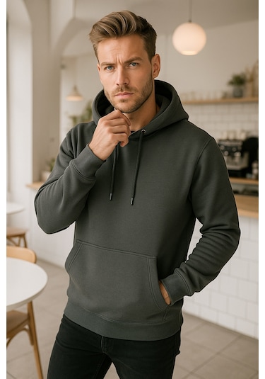 Rich Erkek Füme Pamuklu Cep Detaylı Kapüşonlu Sweatshirt Füme