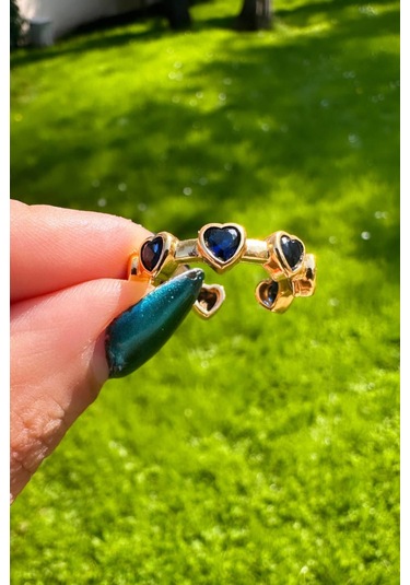 Lacivert Zirkontaşlı Kalp Yüzük - Gold